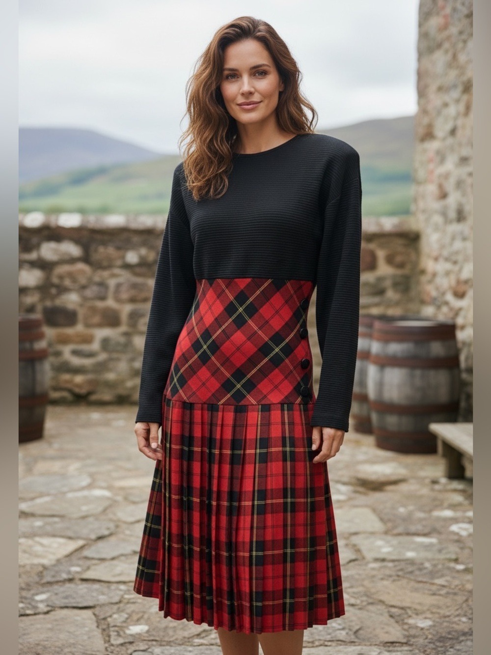 80s REGINA KRAVITZ RED BLACK TARTAN PLAID DROP WAIST PLEATED MIDI DRESS SZ 12